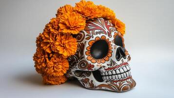 Ornate Sugar Skull Adorned with Marigolds photo