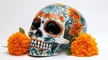 Decorated Skull with Orange Flowers for Day of the Dead photo