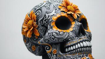 Decorated Skull with Orange Flowers and Intricate Design photo