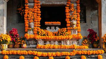 Stone Shrine Adorned with Marigolds and Skulls for Day of the Dead photo