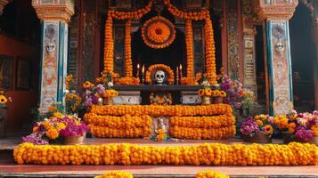 Altar adorned with marigold flowers and candles in a traditional building photo