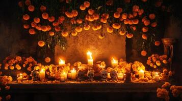Day of the Dead Altar with Skulls, Candles, and Marigolds photo