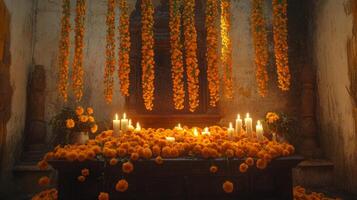 Marigold Flower Altar with Candles in a Stone Room photo