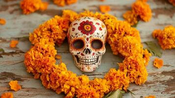 Decorated Sugar Skull Surrounded by Marigolds photo
