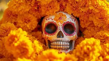 Sugar Skull Decorated with Flowers for Day of the Dead photo