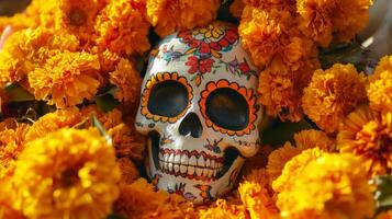 Decorated Skull Amidst a Bed of Orange Marigolds photo