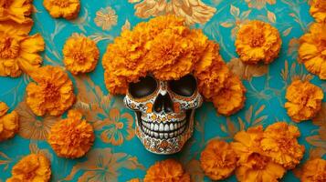 Sugar Skull Adorned with Marigolds on a Blue Background photo