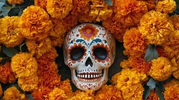 Decorated Skull Surrounded by Orange Marigolds photo