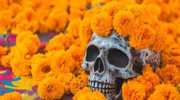 A Human Skull Adorned with a Wreath of Marigolds photo