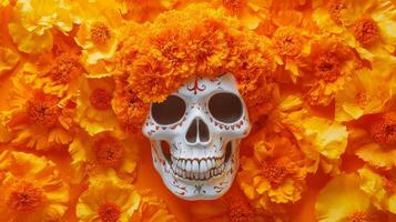 A White Sugar Skull Decorated with Red and Orange Accents Surrounded by Orange Marigolds photo