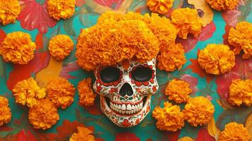 Decorated Sugar Skull with Marigold Flowers on a Colorful Background photo