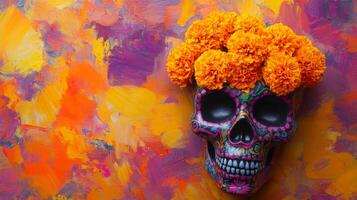 Decorated Sugar Skull with Marigold Flowers on Abstract Background photo