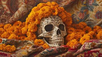 Decorated Skull Surrounded by Marigolds and Floral Fabric photo
