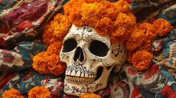 Decorated Skull Adorned with Marigolds on a Colorful Fabric photo