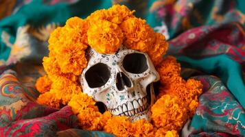 Decorated Sugar Skull Adorned with Marigolds on Colorful Fabric photo