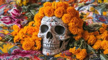 Decorated Sugar Skull Adorned with Marigolds photo