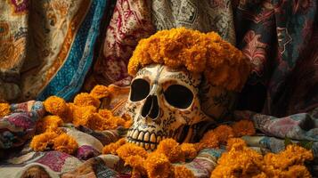 Decorated Skull with Marigold Flowers and Ornate Fabrics photo
