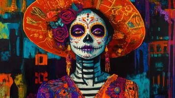 A Painted Portrait of a Woman with Day of the Dead Makeup photo