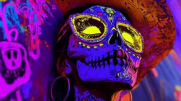 A Skull with Neon Makeup and Sunglasses photo