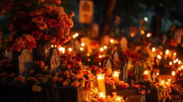 Candles and Marigolds Adorn a Cemetery at Night photo