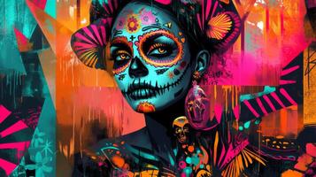 Abstract Portrait of a Woman with Sugar Skull Makeup and a Colorful Background photo