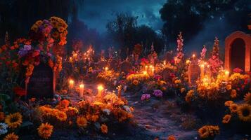 A cemetery lit by candles and adorned with marigolds and flowers photo
