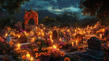 A Cemetery Decorated with Marigolds and Candles for Da de Muertos photo
