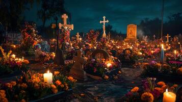 Candles and Flowers at a Graveyard During the Day of the Dead Celebration photo
