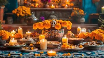 Day of the Dead Altar with Candles, Marigolds, and Skull photo