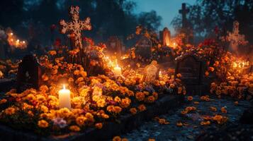 Illuminated Graveyard with Cross and Marigold Flowers during Day of the Dead photo