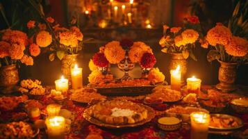 Day of the Dead Altar with Marigolds, Candles, and Offerings photo