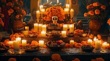 Day of the Dead Altar with Candles, Marigolds, and Offerings photo