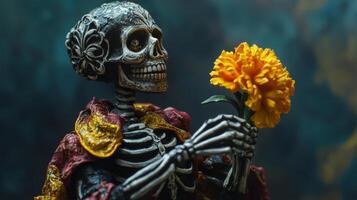 Skeleton Figurine Holding a Yellow Flower photo