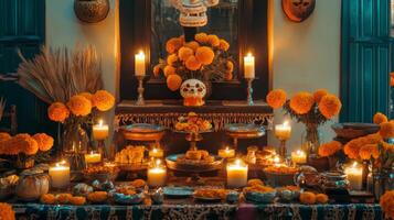 Day of the Dead Altar with Marigolds, Candles, and Skull photo