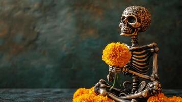 Decorated Skeleton Holding a Marigold Flower photo