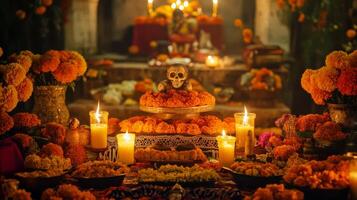 Day of the Dead Altar with Sugar Skull, Marigolds, and Candles photo