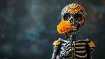 Decorated Skull Skeleton Holding a Marigold photo