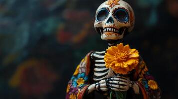 Decorated Sugar Skull Skeleton Holding a Yellow Flower photo