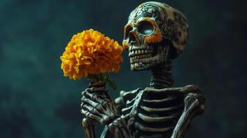 A Decorated Skeleton Holding a Yellow Flower photo