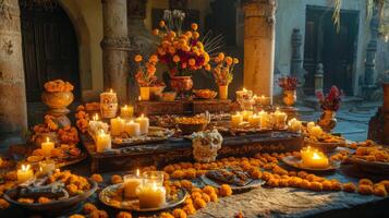 Day of the Dead Altar with Skulls, Candles, and Marigolds photo