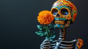 Decorated Skull Holding a Marigold Flower photo