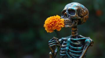 A Metallic Skeleton Holding an Orange Flower photo