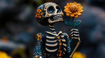 Sugar Skull Figurine Holding a Yellow Flower photo