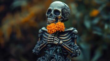 Skeleton Holding Orange Flowers photo