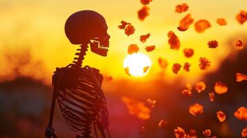 A Silhouette of a Skeleton with Falling Petals at Sunset photo