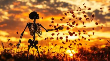 A Skeleton Reaches for Falling Flowers at Sunset photo