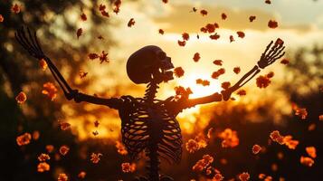 A Silhouette of a Skeleton with Falling Flowers in a Golden Sunset photo