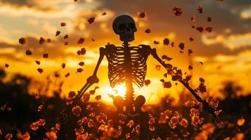 Skeleton Silhouette in a Field of Flowers at Sunset photo