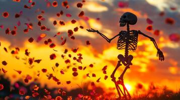 Skeleton Silhouetted Against Sunset With Falling Petals photo