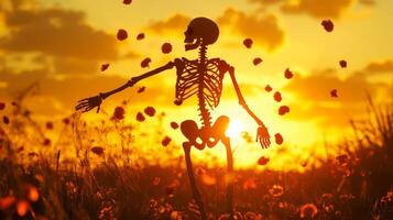 Skeleton Silhouette in a Field of Flowers at Sunset photo
